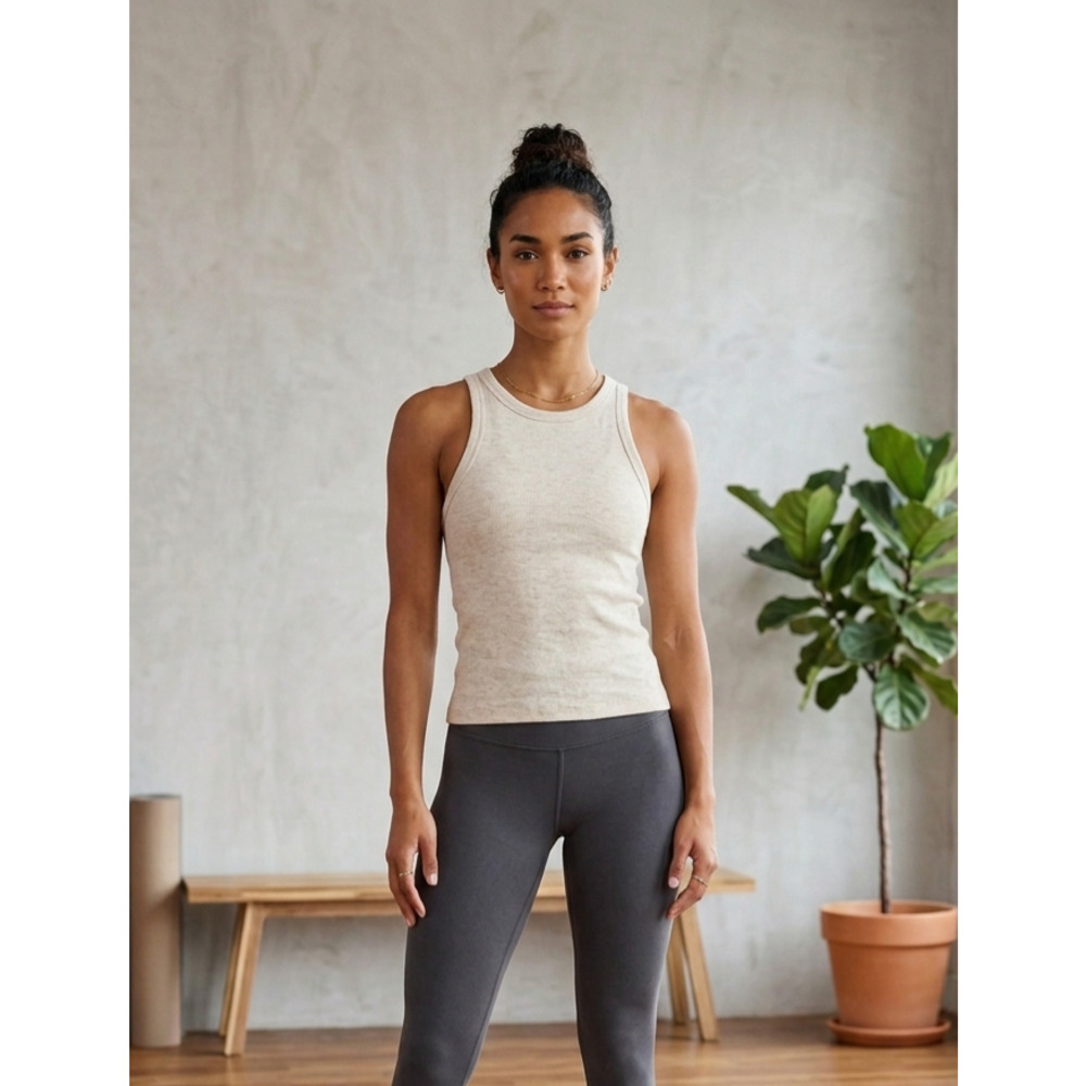 MOTHER MOVE IT Oatmeal Heather Ribbed The Chin Up Tank Small Racerback High Neck